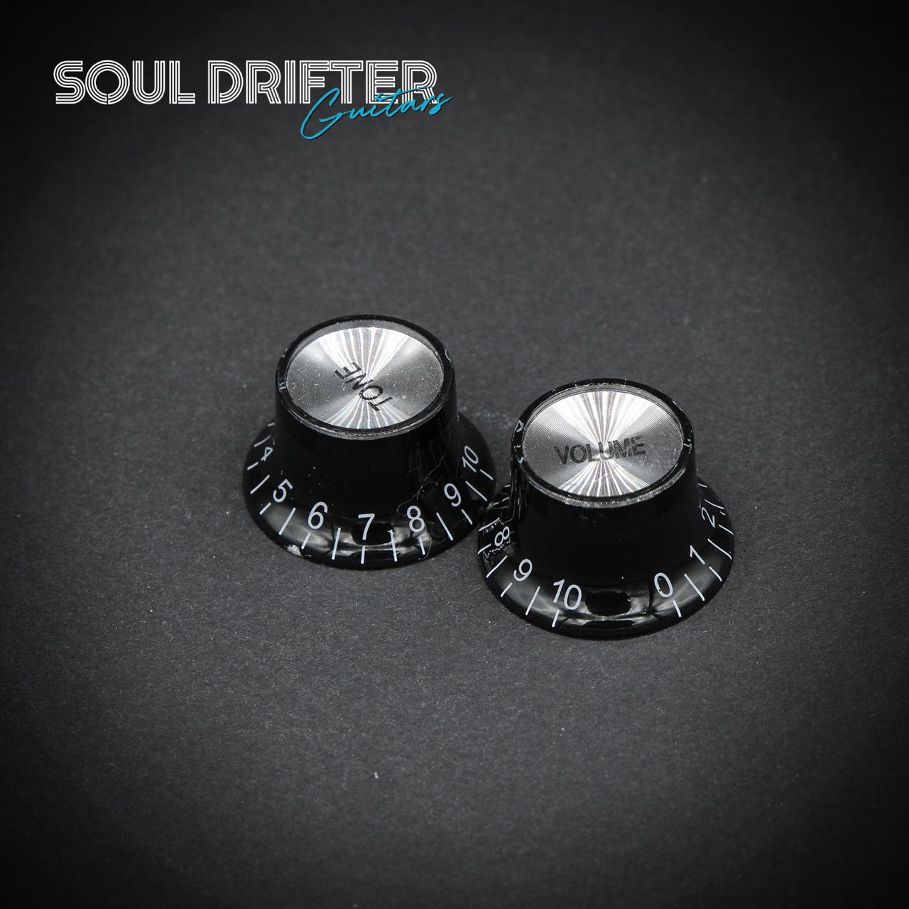 LP Style Top Hat Knobs - Black with White Font  (Set of 2 T/V)