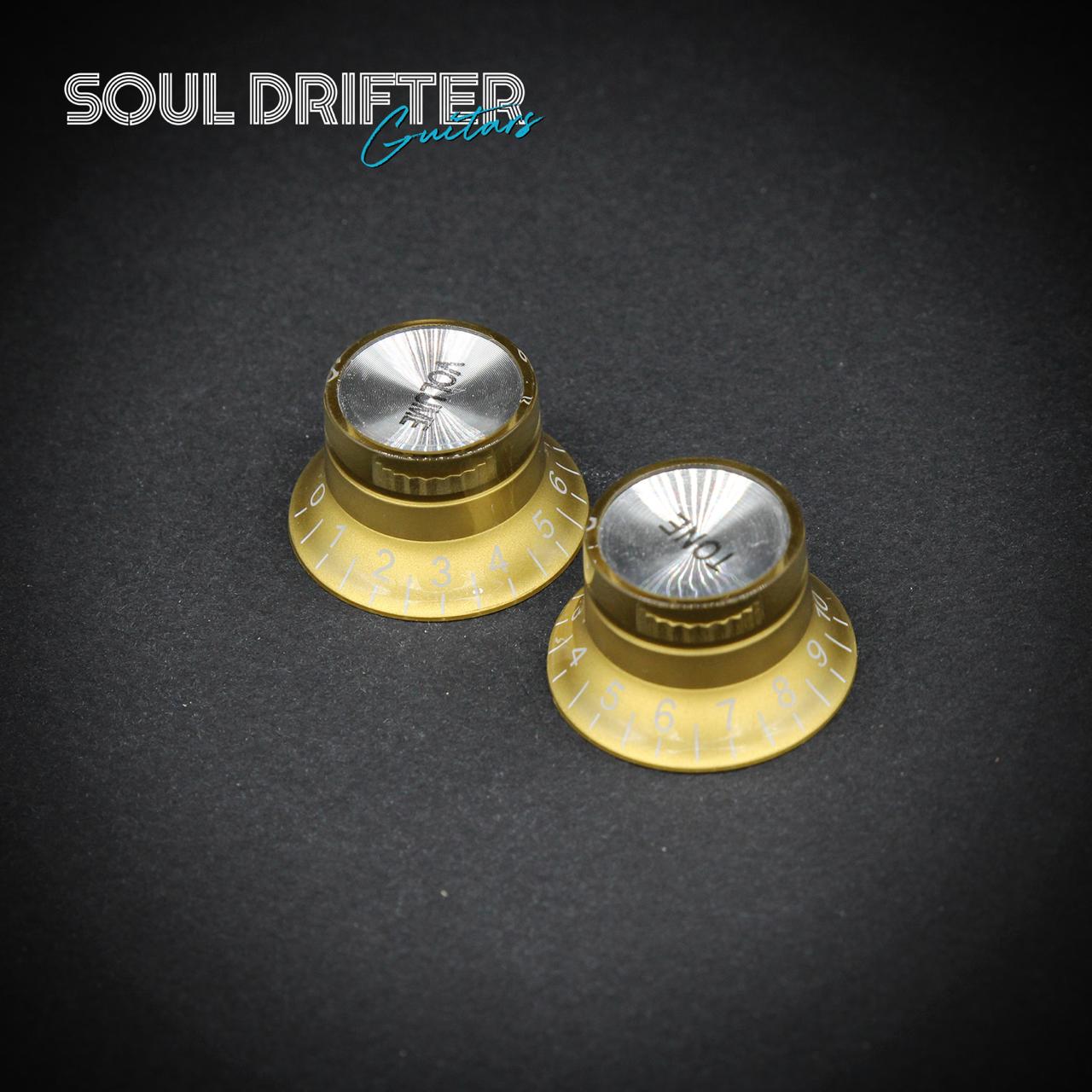 LP Style Top Hat Knobs - Gold with White Font  (Set of 2 T/V)