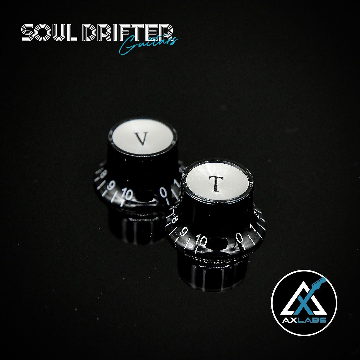 AxLabs Top Hat Knobs - Black with White Font (V/T) - 18 Spline (Set of 2)