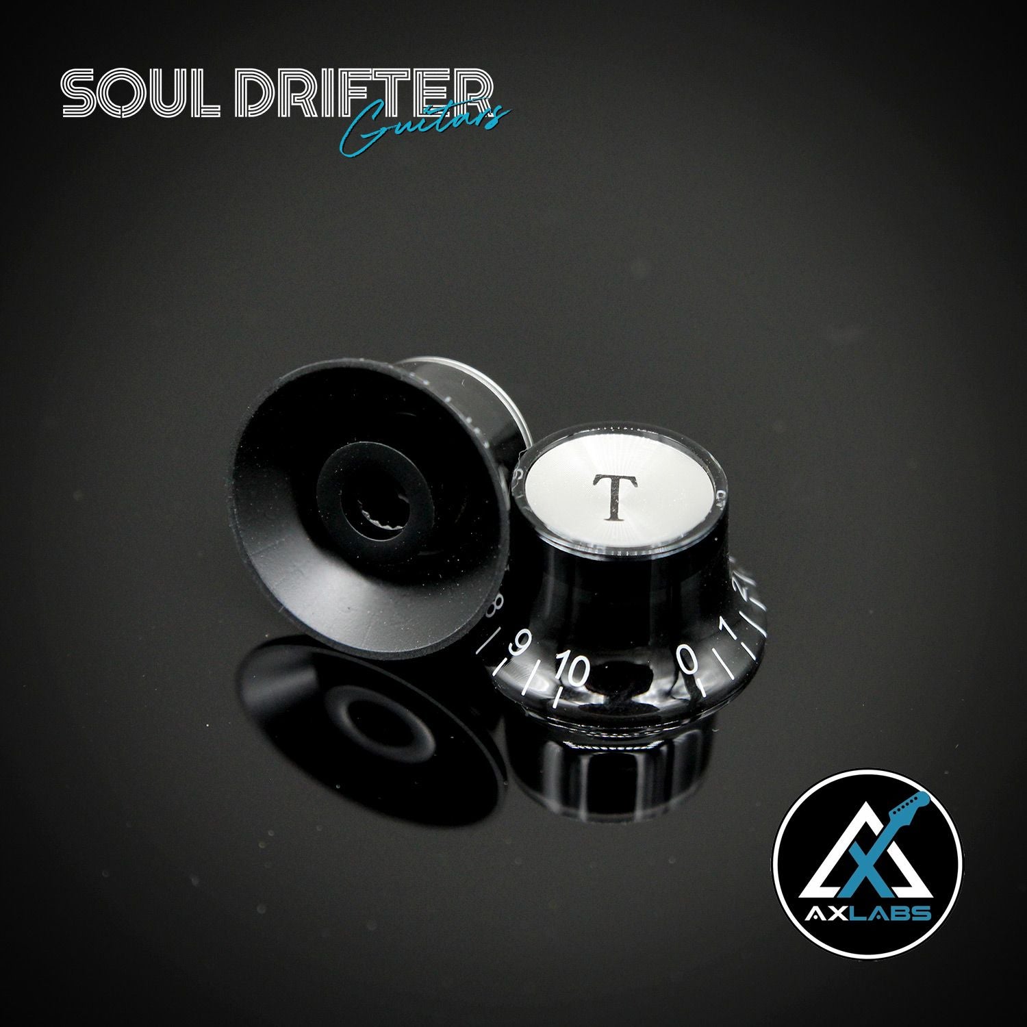 AxLabs Top Hat Knobs - Black with White Font (V/T) - 18 Spline (Set of 2)