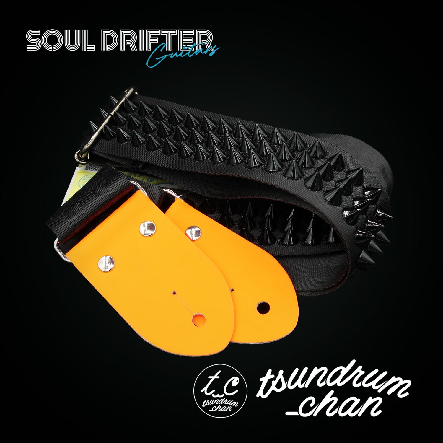 tsundrum_chan Studded Guitar Strap - Neon Leather / Black