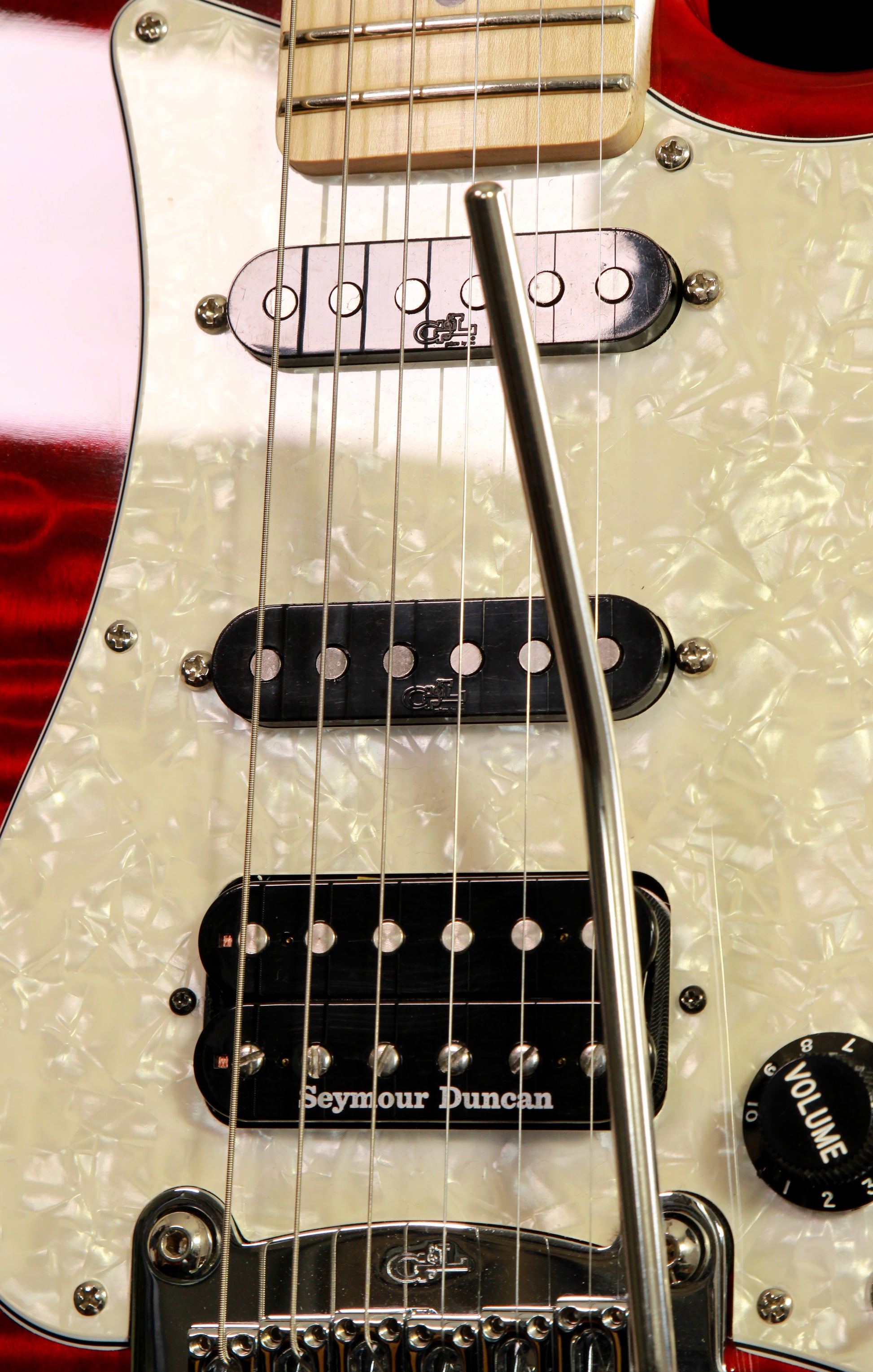 G&L USA Legacy Strat Custom Made HSS Flame Clear Red